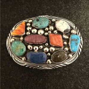 Navajo Sterling Silver Turquoise Belt Buckle Mixed with other Natural Stones￼ ￼